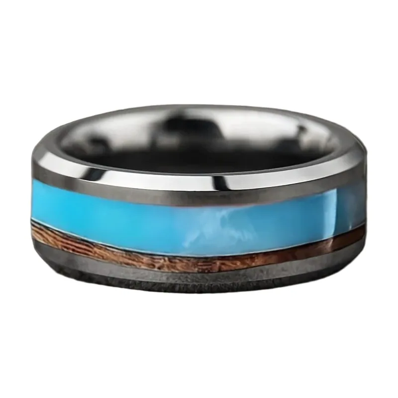 Anello con pietra blu ed effetto legno, acciaio inossidabile