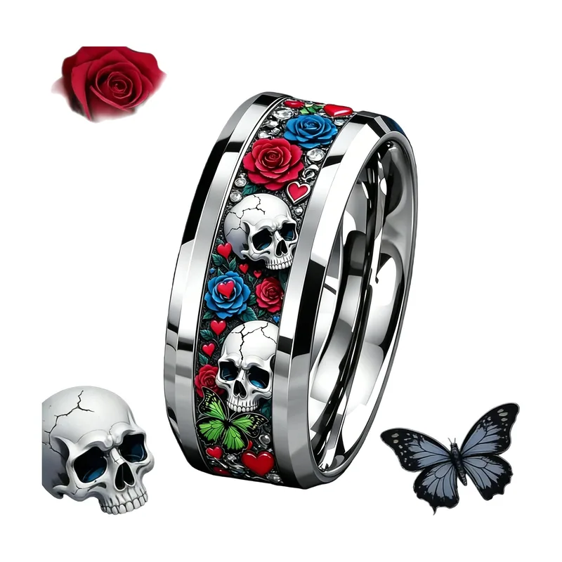 Anello Statement con Teschi e Rose e Pietre, Acciaio Inossidabile