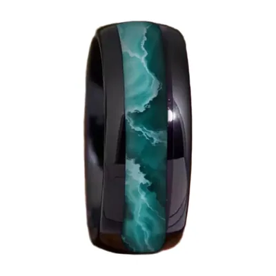 Anello Nero con Intarsio a Vortice Verde e Bianco, Acciaio Inossidabile