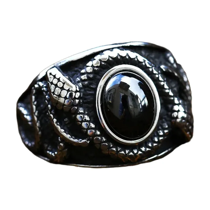 Bague Serpent avec Pierre Noire, Acier Inoxydable 316L