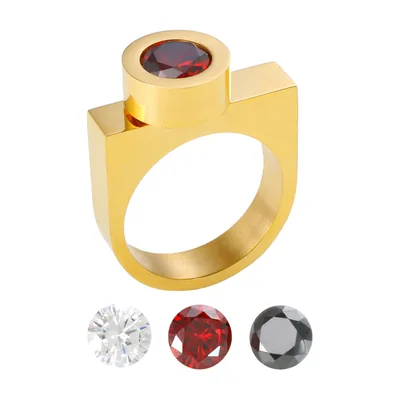Anillo Sello Cuadrado con Circonita Roja, Acero Inoxidable