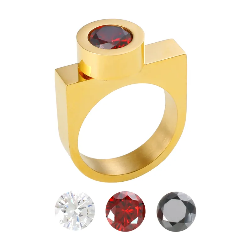 Chevalière Carrée avec Zircone Rouge, Acier Inoxydable