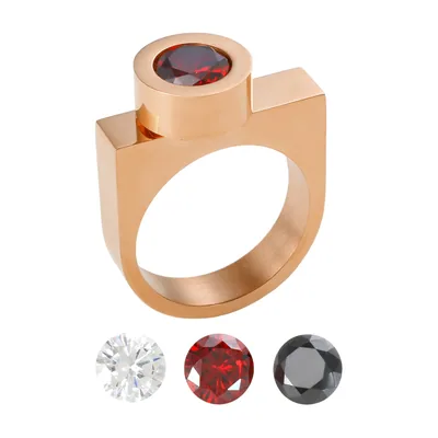 Anillo Sello Cuadrado con Circonita Roja, Acero Inoxidable