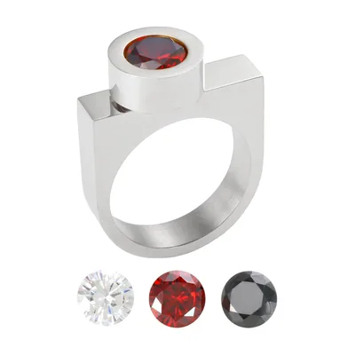Anillo Sello Cuadrado con Zirconia Roja, Acero Inoxidable