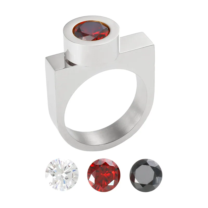 Chevalière Carrée avec Zircone Rouge, Acier Inoxydable
