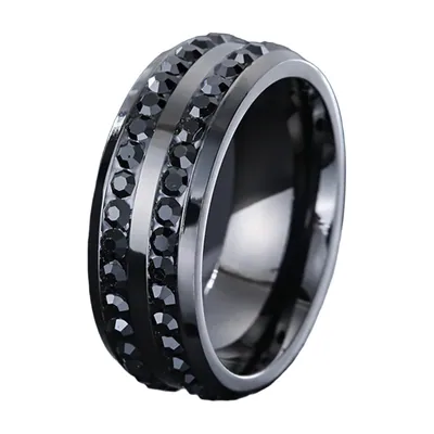 Anello a Fascia con Zircone Nero, Acciaio Inossidabile 316L