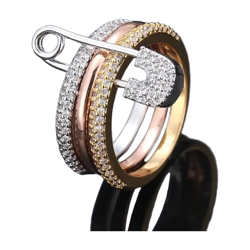 Bague Statement Motif Épingle de Sécurité et Zirconia, Acier Inoxydable
