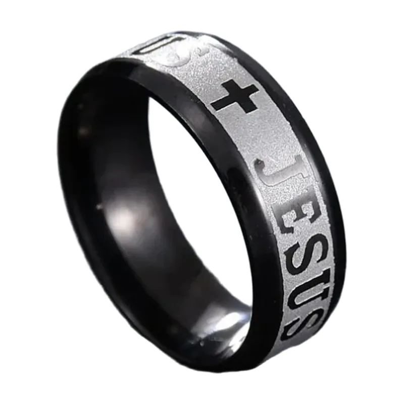 Anillo Religioso con Cruz e Inscripción de Jesús, Acero Inoxidable
