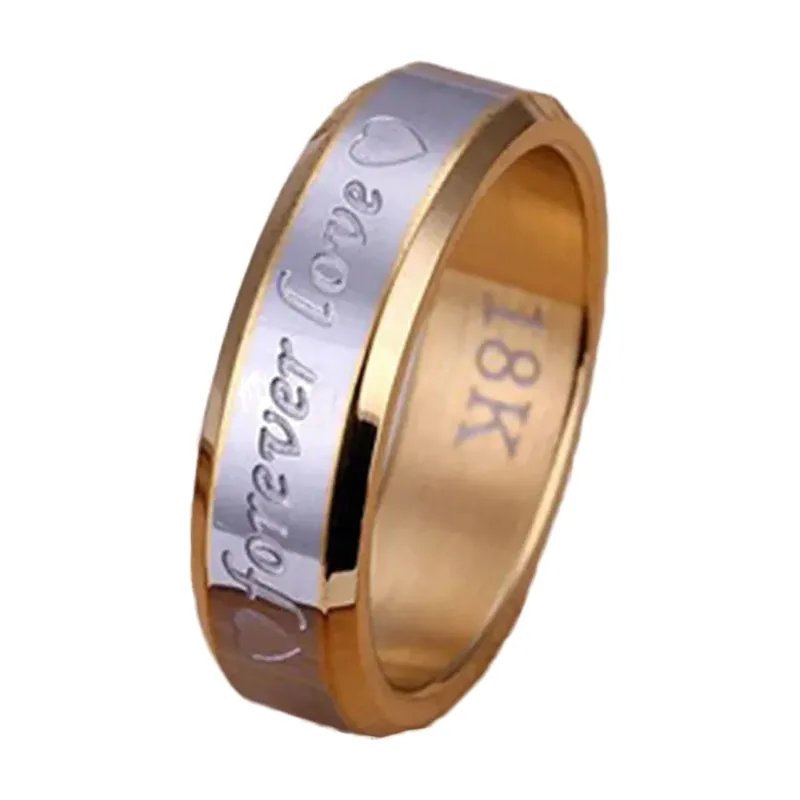 Two-Tone Band Ring with Forever Love Script, Stainless Steel
