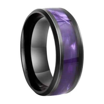 Anello a fascia con inserto viola, acciaio inossidabile nero lucido