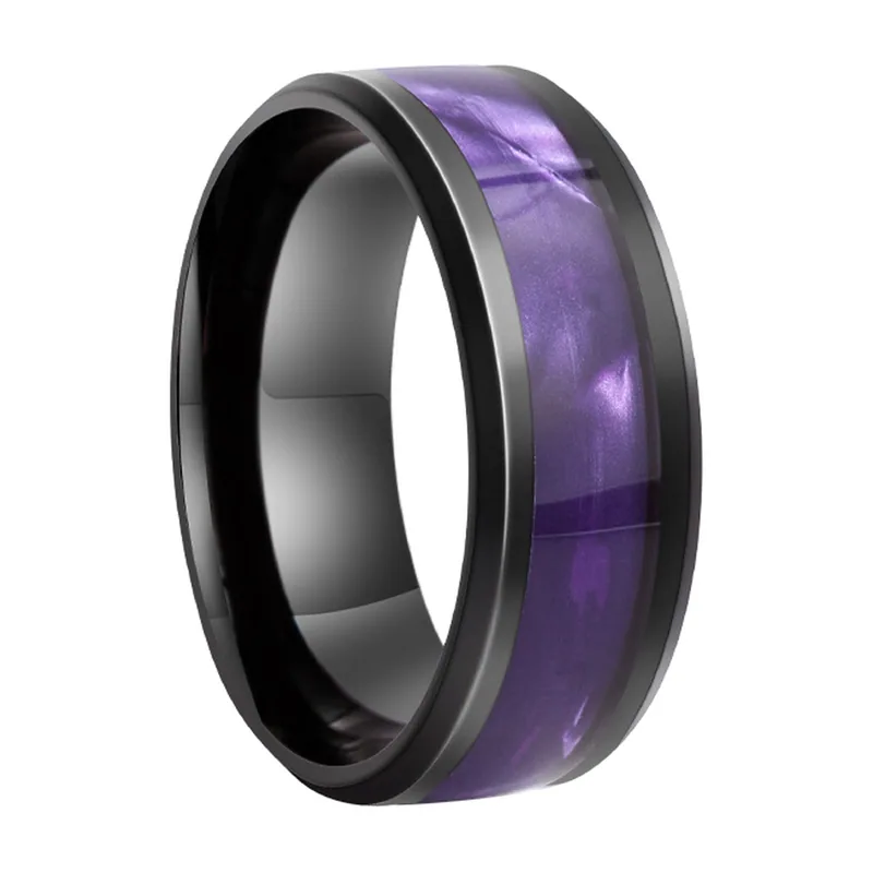 Bague alliance avec insert violet, acier inoxydable noir poli