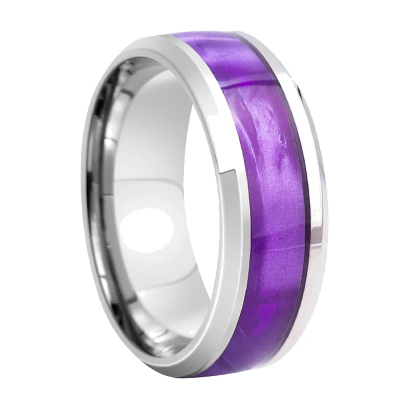 Herren Ring mit lila Inlay, polierter Edelstahl