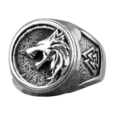 Chevalière Tête de Loup avec Symbole Valknut, Acier Inoxydable