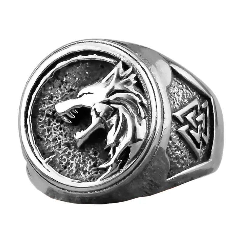 Wolf Head Signet Ring with Valknut Symbol, Stainless Steel