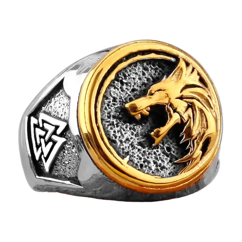 Wolf Kopf Siegelring mit Valknut-Symbol, Edelstahl