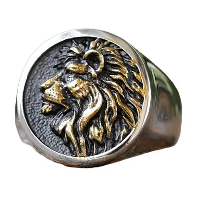 Herren Siegelring mit Löwenkopf und Gold-Akzenten, Edelstahl