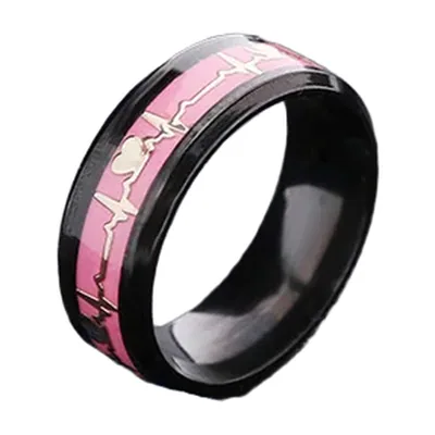 Anello con motivo ECG Battito Cardiaco, Nero e Rosa, Acciaio Inossidabile