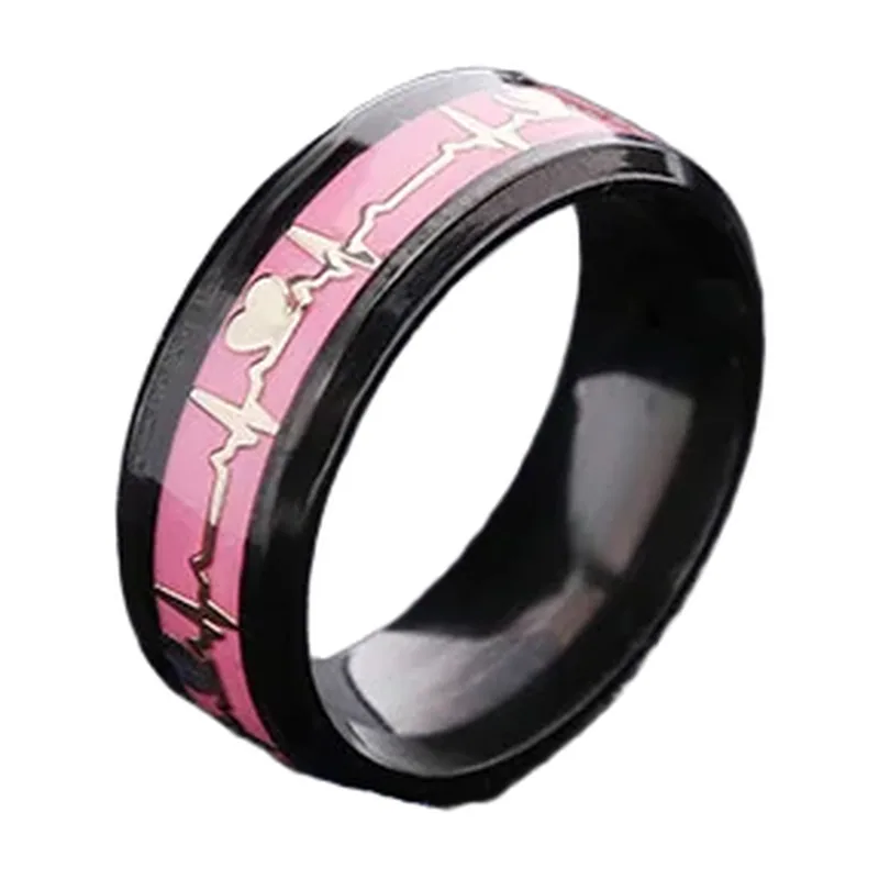 Heartbeat ECG Pattern Band Ring, Black and Pink Stainless Steel