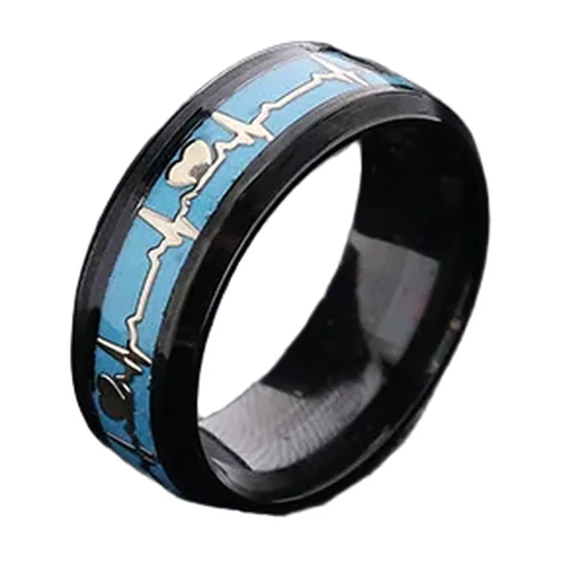 Anello con motivo ECG Battito Cardiaco e inserto blu, Acciaio Inossidabile