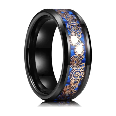 Anillo con Incrustación Azul y Espirales Circulares, Acero Inoxidable