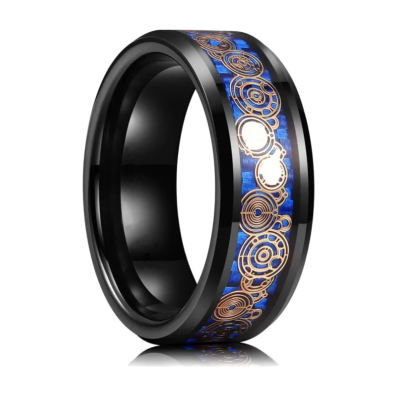 Band Ring with Blue Inlay and Circular Spirals, Stainless Steel