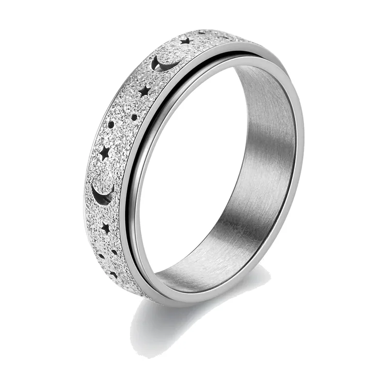 Bague Spinner Lune et Étoiles, Acier Inoxydable