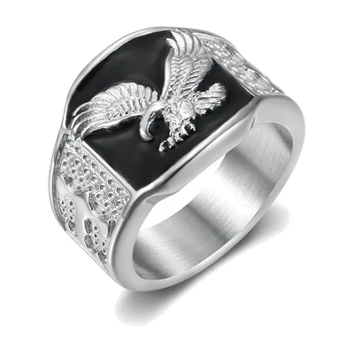 Herren Siegelring mit Adler und schwarzem Emaille, Edelstahl