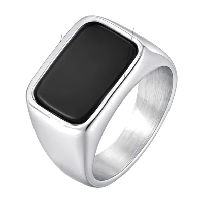 Rectangular Signet Ring with Black Stone, Stainless Steel