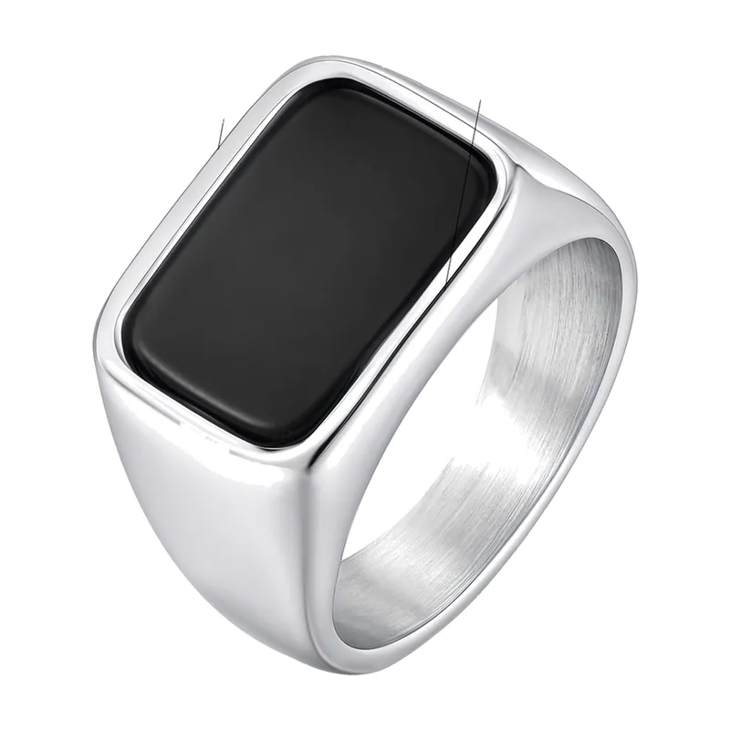 Rectangular Signet Ring with Black Stone, Stainless Steel