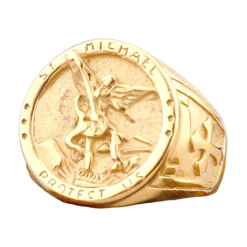 St. Michael Erzengel Siegelring, Goldfarben Edelstahl