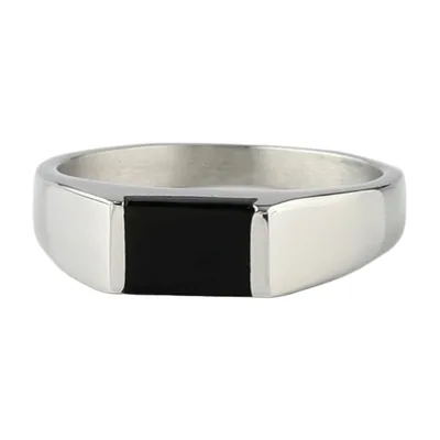 Square Signet Ring with Black Stone, 316L Stainless Steel