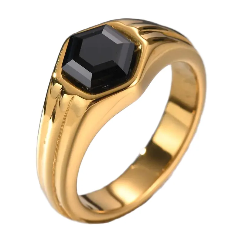 Herren Siegelring mit hexagonalem schwarzen Zirkonia, Edelstahl