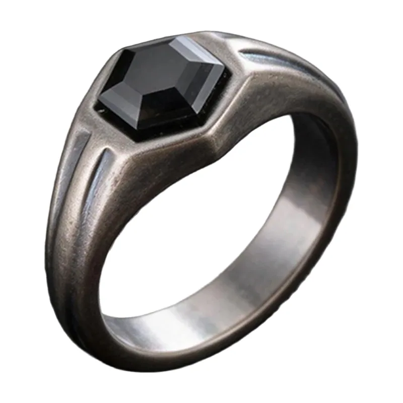Herren Siegelring mit hexagonalem schwarzen Zirkonia, Edelstahl