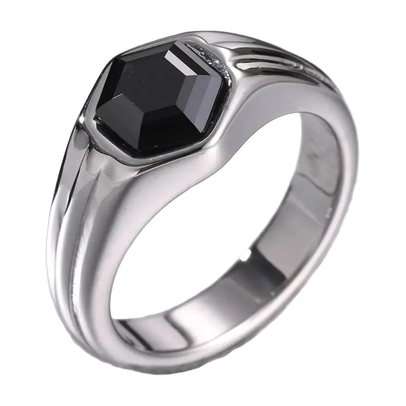 Chevalière Hexagonale avec Zircone Noire, Acier Inoxydable