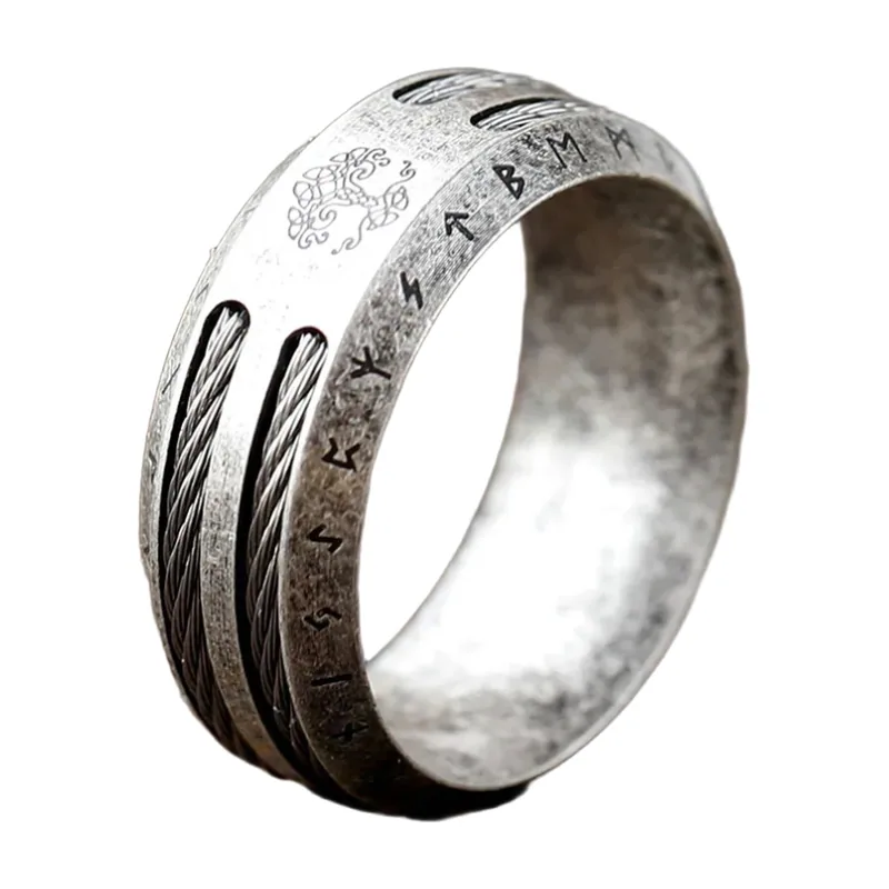 Odin Wikinger Runenring mit Kordel-Design, Edelstahl