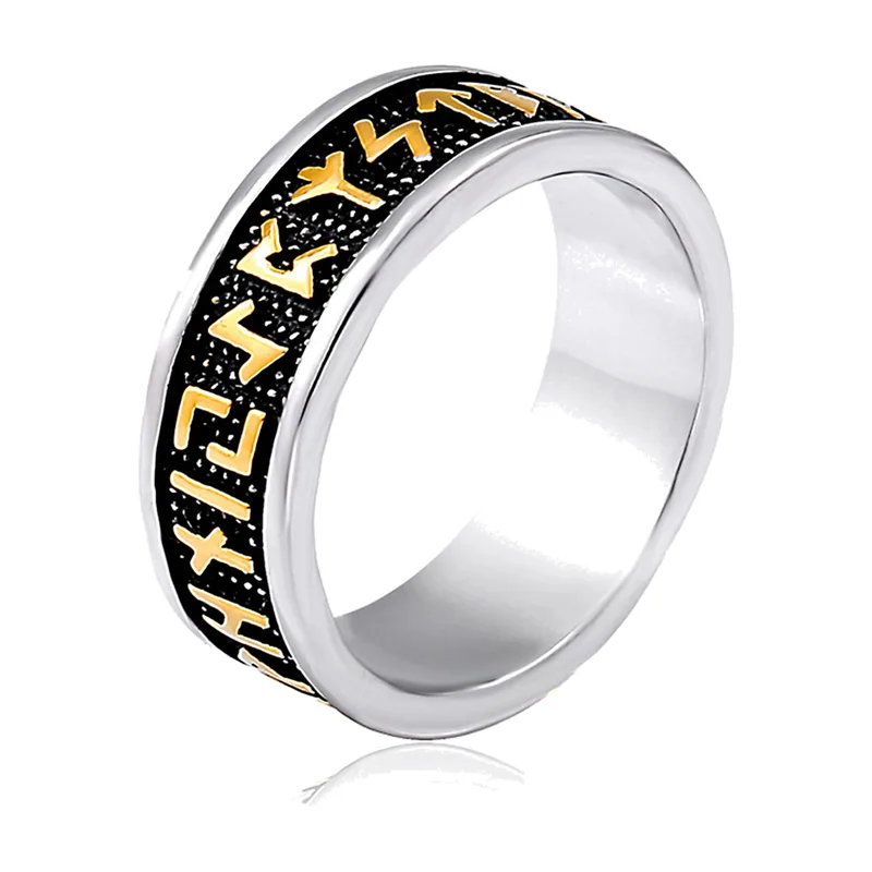 Bague Runes Viking avec Gravures Dorées, Acier Inoxydable