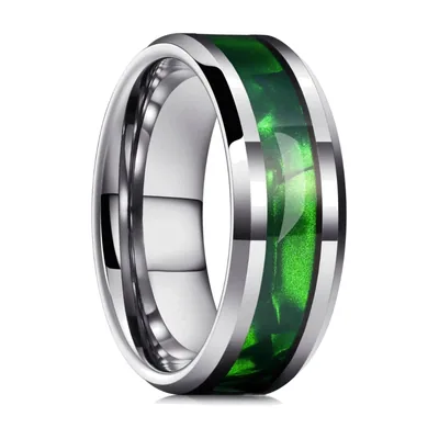 Band Ring with Green Stone Inlay, Stainless Steel