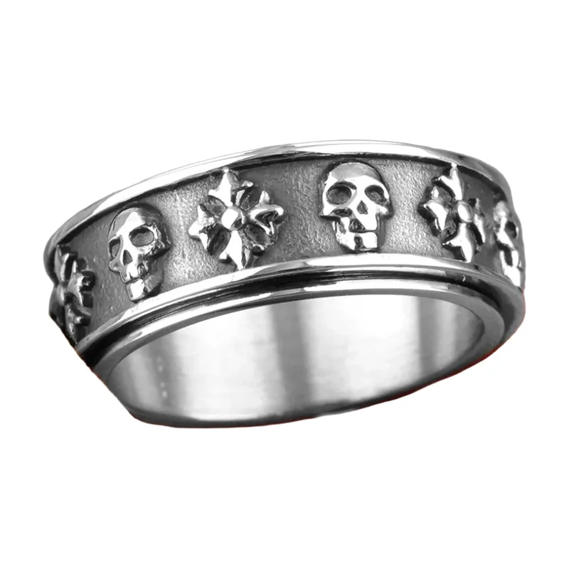 Bague rotative tête de mort et croix, acier inoxydable 316L