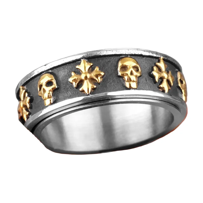 Rotierender Totenkopf- und Kreuzring, Edelstahl