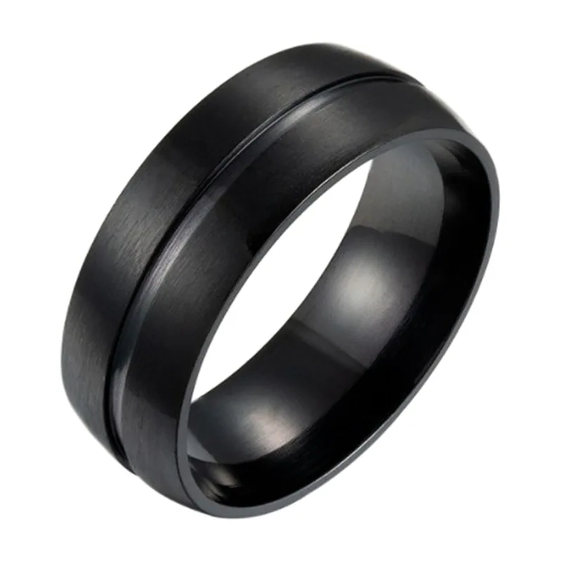 Bague noire avec rainures brossées, acier inoxydable
