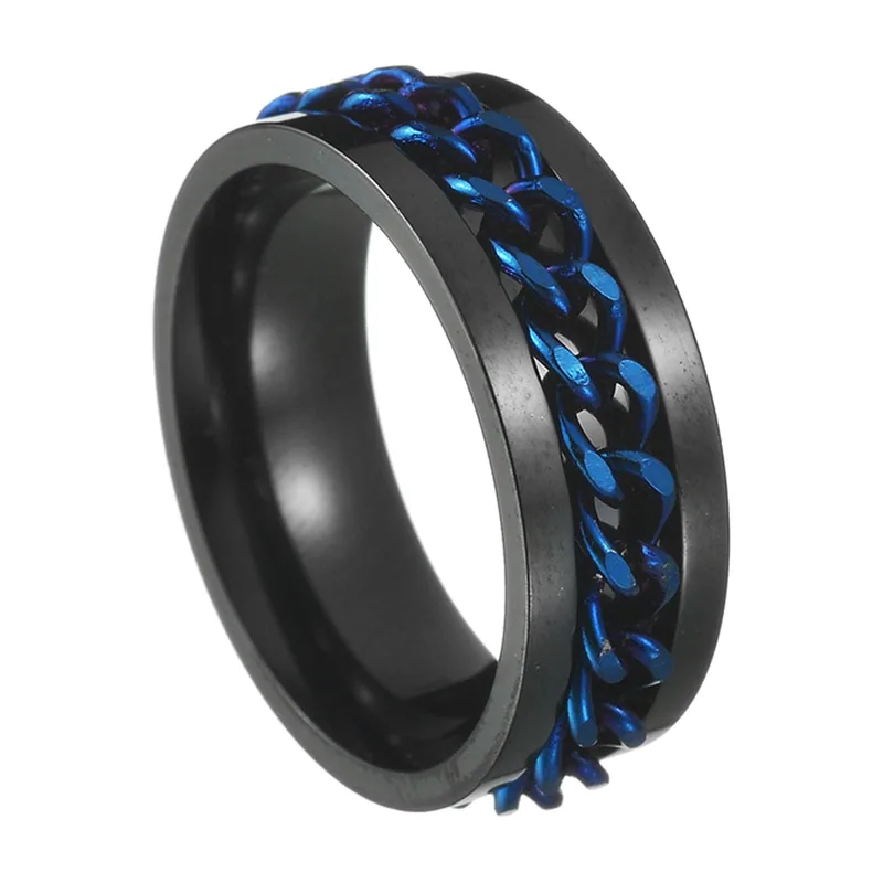 Bague Spinner avec motif chaîne bleue, acier inoxydable 316L
