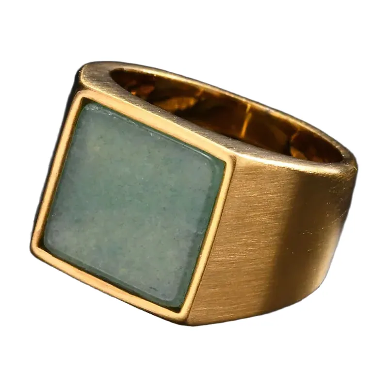 Anello Siginetto Quadrato con Pietra Verde, Acciaio Inossidabile