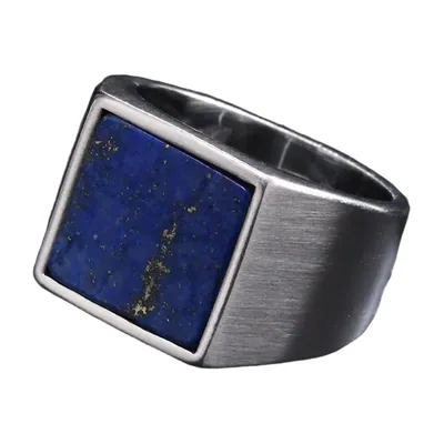 Anello sigillo quadrato con pietra blu, acciaio inossidabile 316L