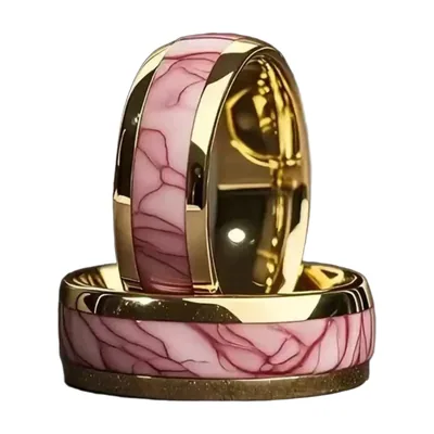 Anello con intarsio effetto marmo rosa, acciaio inossidabile