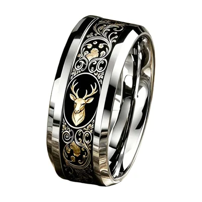 Deer Head Ring with Gold and Black Details, Stainless Steel