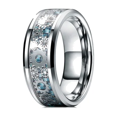 Steampunk Gear Wheel Ring with Blue and Grey Inlay, Stainless Steel
