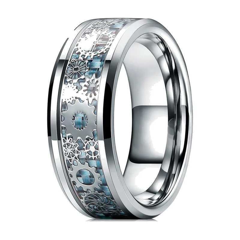 Bague Steampunk Roue Dentée avec Incrustation Bleue et Grise, Acier Inoxydable