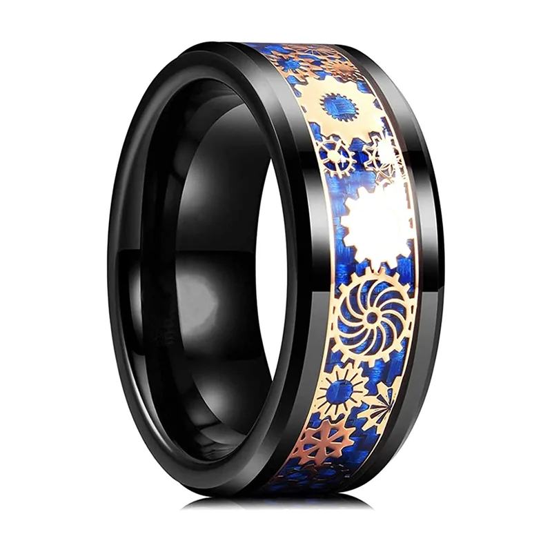Bague Steampunk à Engrenages avec Incrustation Bleue, Acier Inoxydable