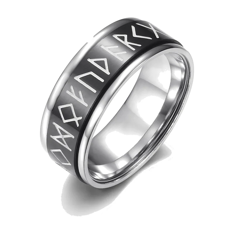 Odin Norse Rune Spinner Ring with Black Enamel, Stainless Steel