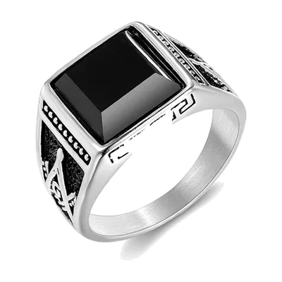 Anillo Sello Cuadrado con Circonita Negra y Letra G Masónica, Acero Inoxidable